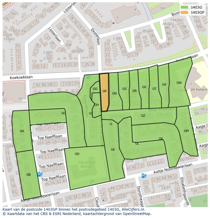 Afbeelding van het postcodegebied 1403 GP op de kaart.
