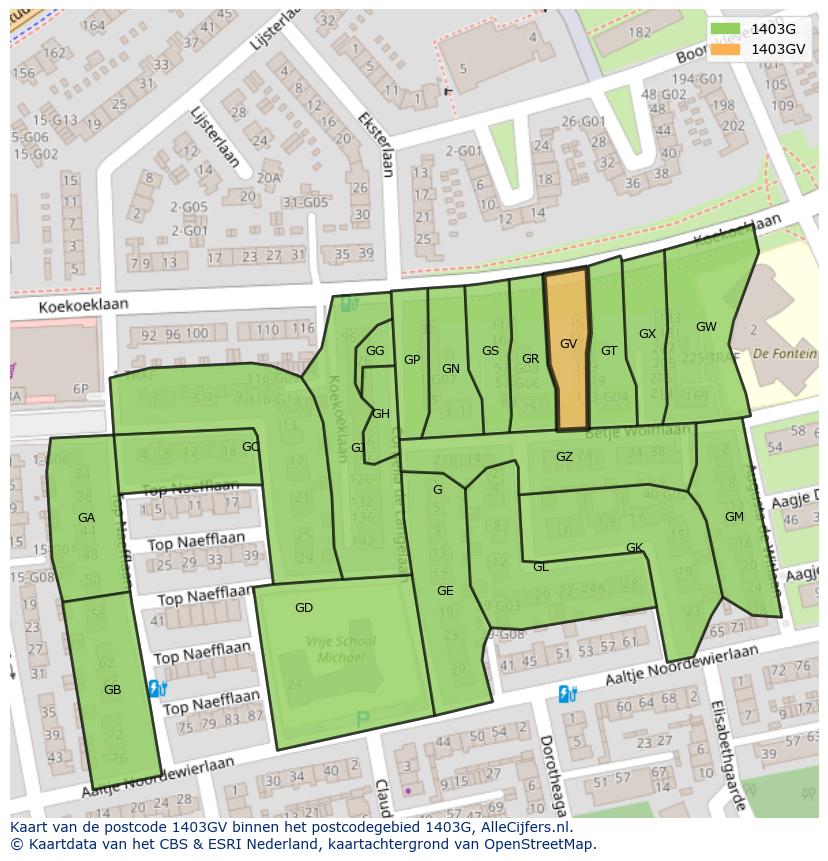 Afbeelding van het postcodegebied 1403 GV op de kaart.