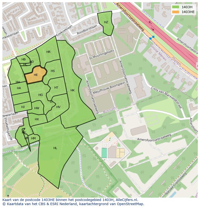 Afbeelding van het postcodegebied 1403 HE op de kaart.