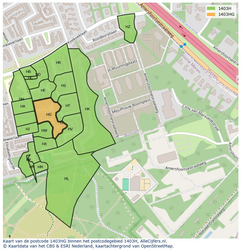 Afbeelding van het postcodegebied 1403 HG op de kaart.