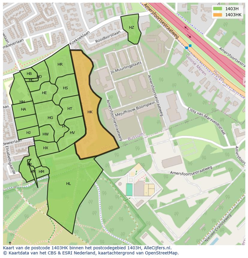 Afbeelding van het postcodegebied 1403 HK op de kaart.