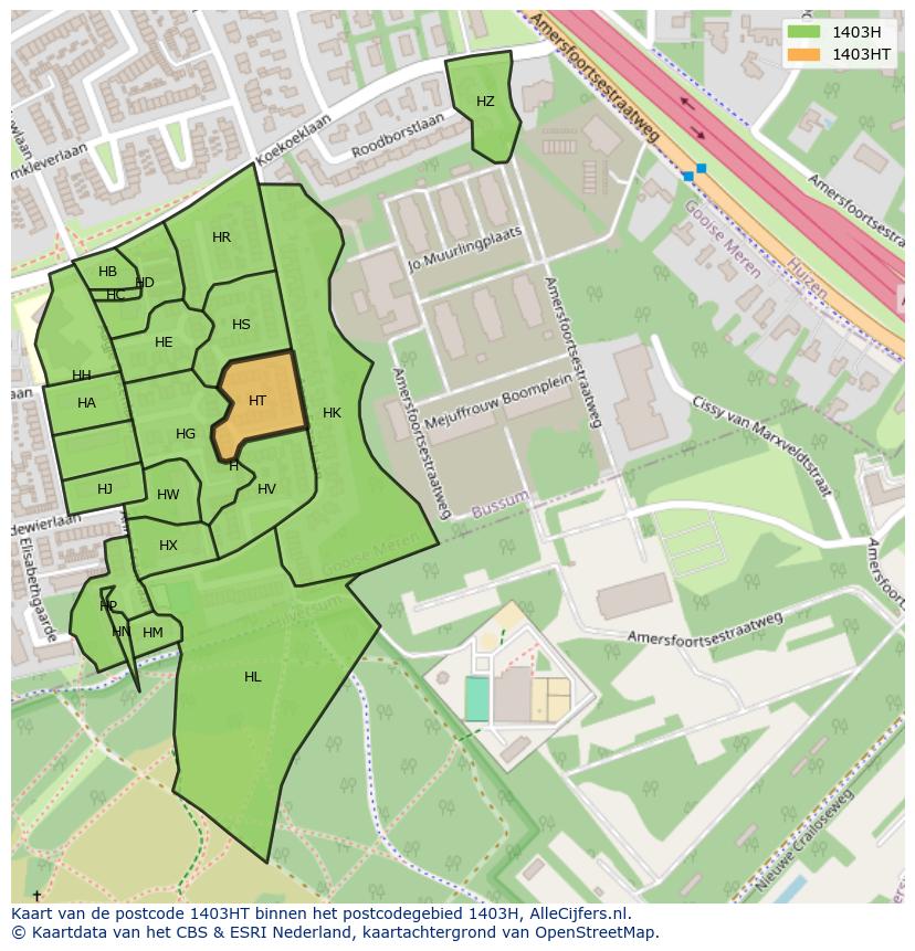 Afbeelding van het postcodegebied 1403 HT op de kaart.