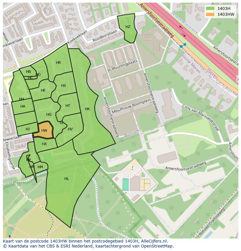 Afbeelding van het postcodegebied 1403 HW op de kaart.