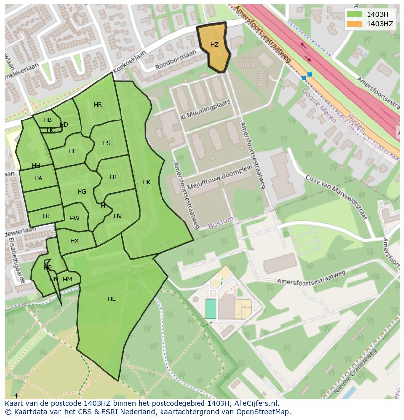 Afbeelding van het postcodegebied 1403 HZ op de kaart.
