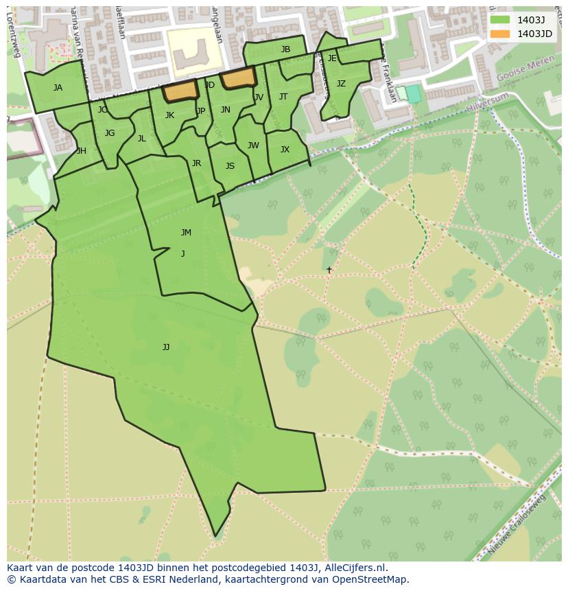 Afbeelding van het postcodegebied 1403 JD op de kaart.
