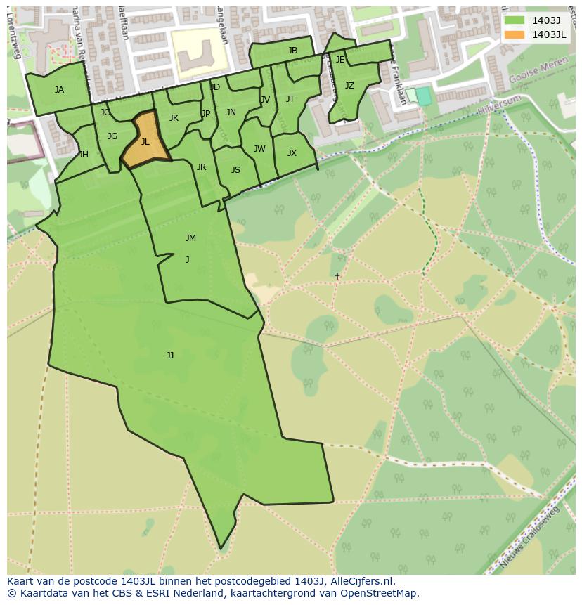 Afbeelding van het postcodegebied 1403 JL op de kaart.
