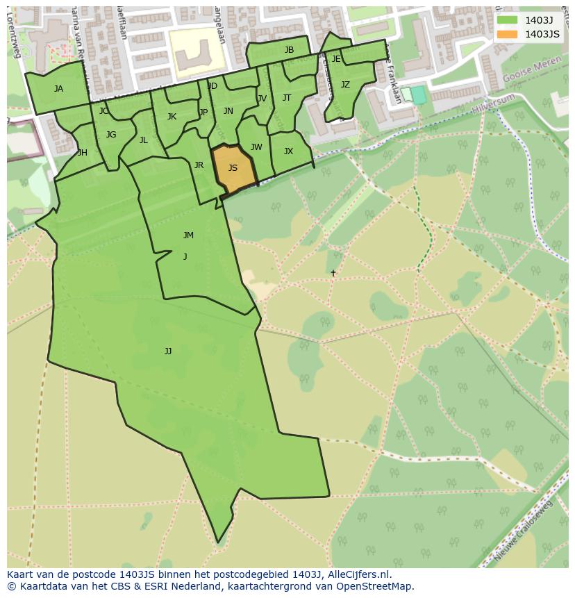 Afbeelding van het postcodegebied 1403 JS op de kaart.
