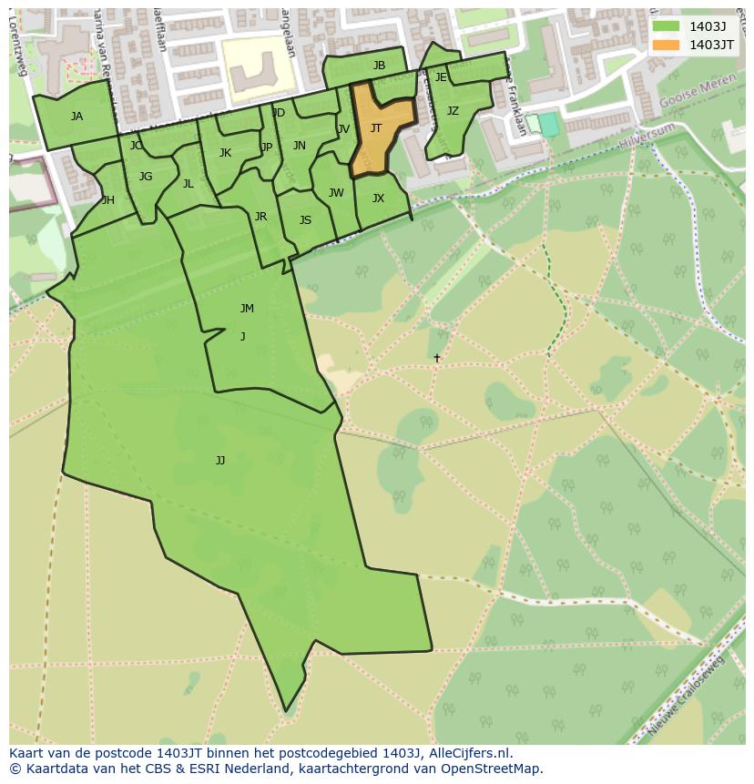 Afbeelding van het postcodegebied 1403 JT op de kaart.