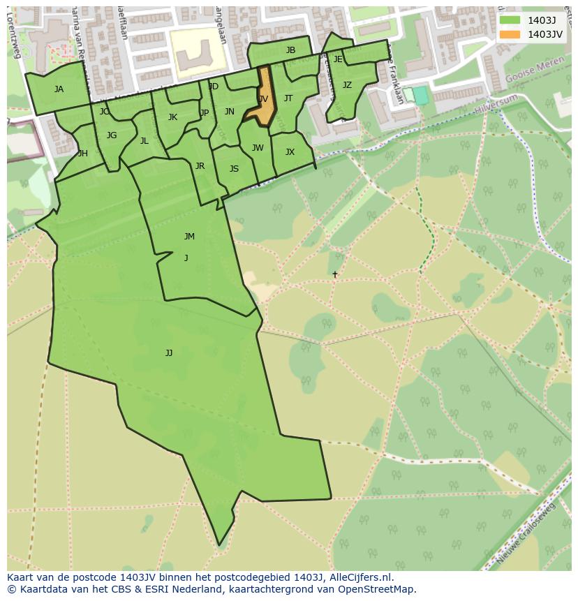 Afbeelding van het postcodegebied 1403 JV op de kaart.