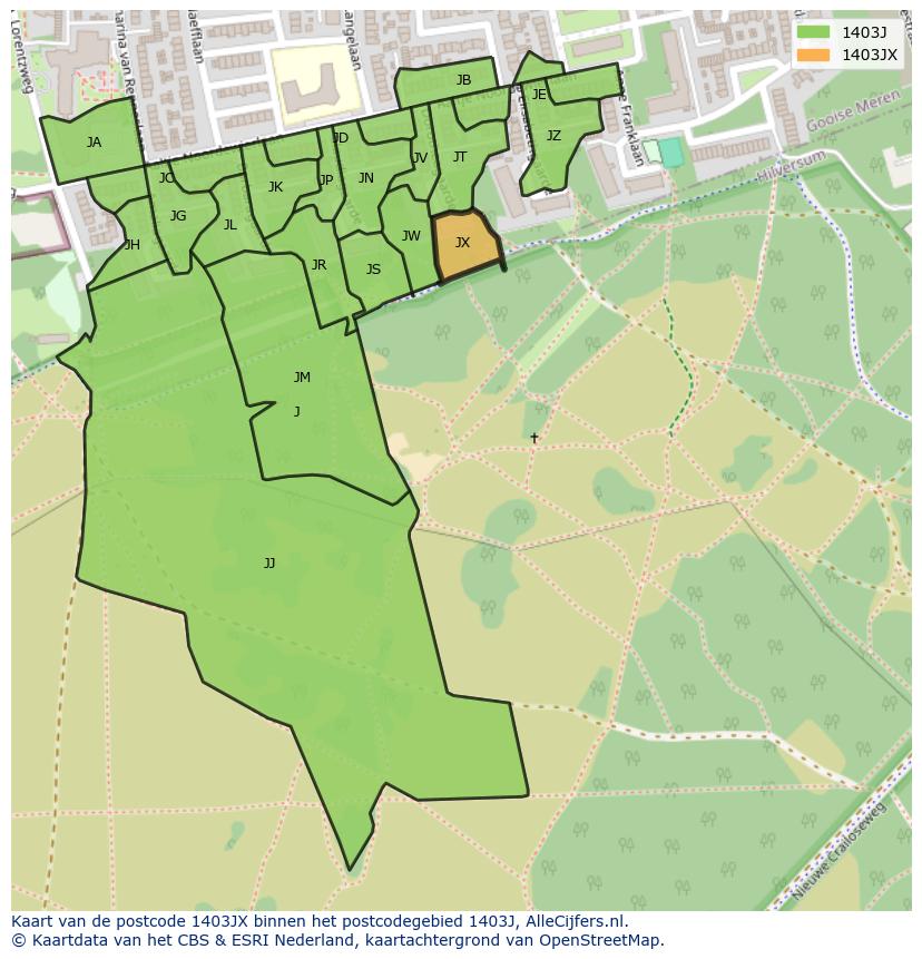 Afbeelding van het postcodegebied 1403 JX op de kaart.