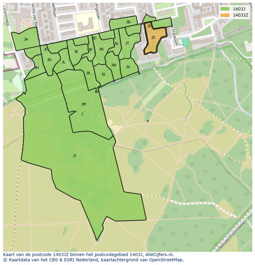 Afbeelding van het postcodegebied 1403 JZ op de kaart.