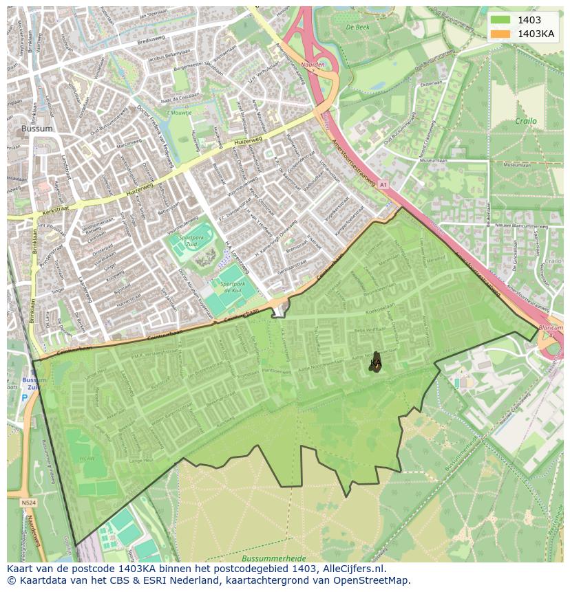 Afbeelding van het postcodegebied 1403 KA op de kaart.