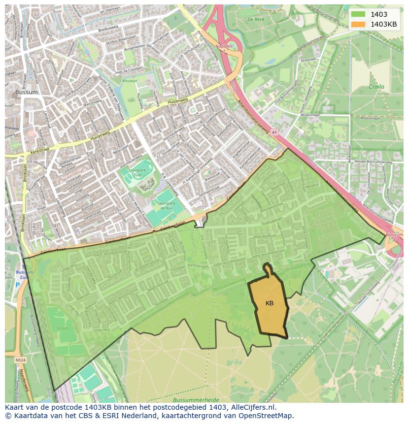 Afbeelding van het postcodegebied 1403 KB op de kaart.