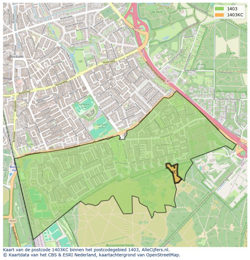 Afbeelding van het postcodegebied 1403 KC op de kaart.