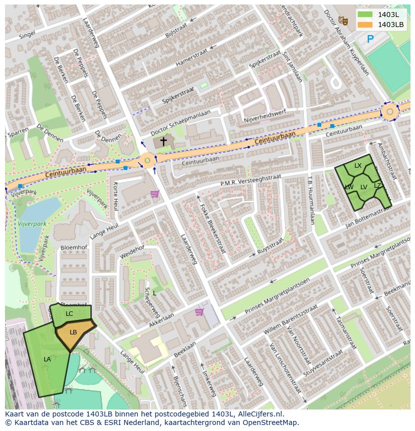 Afbeelding van het postcodegebied 1403 LB op de kaart.