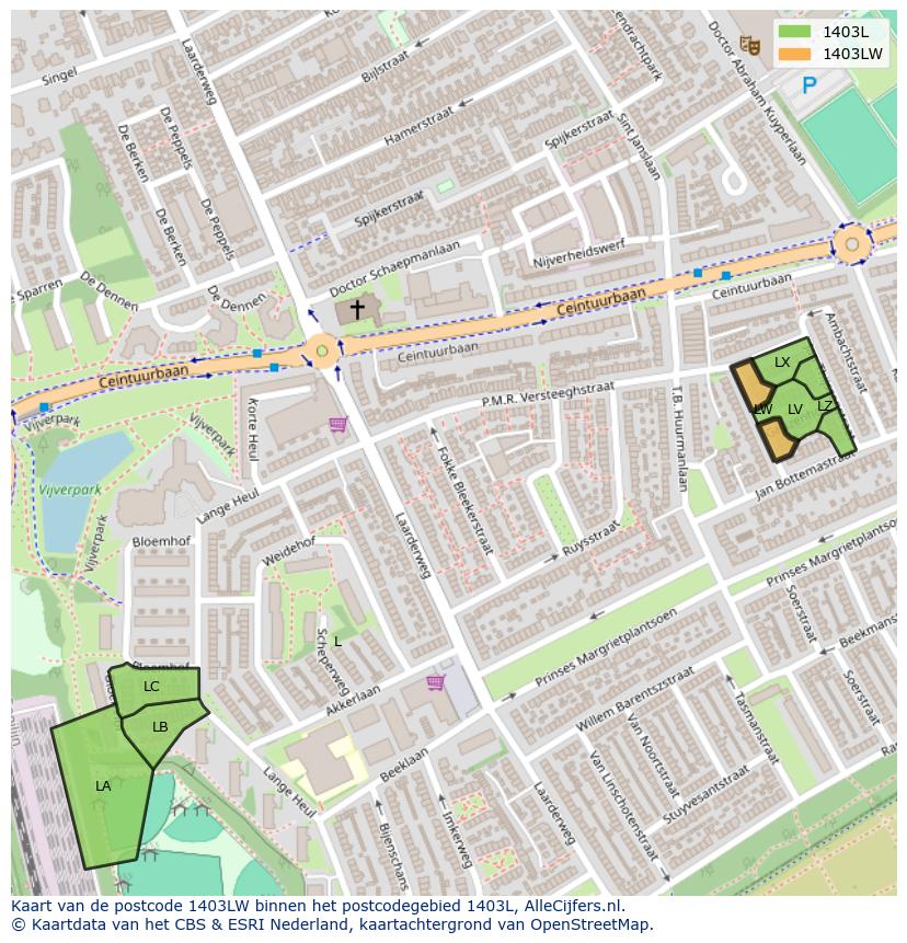 Afbeelding van het postcodegebied 1403 LW op de kaart.