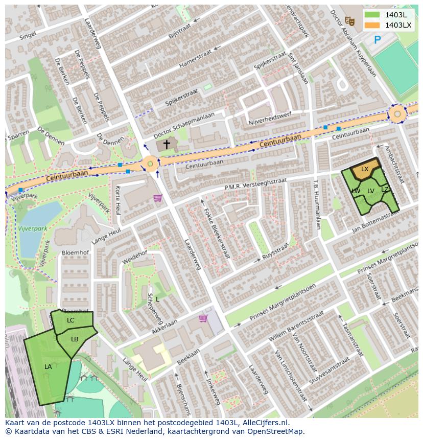 Afbeelding van het postcodegebied 1403 LX op de kaart.