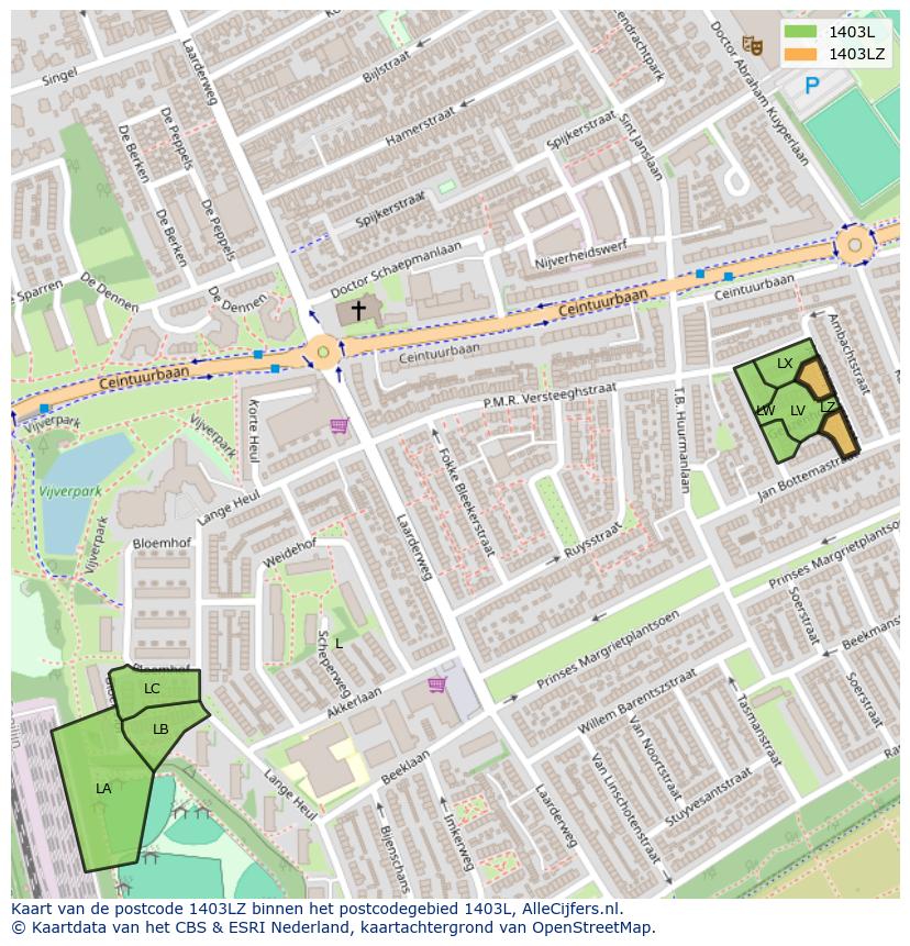 Afbeelding van het postcodegebied 1403 LZ op de kaart.