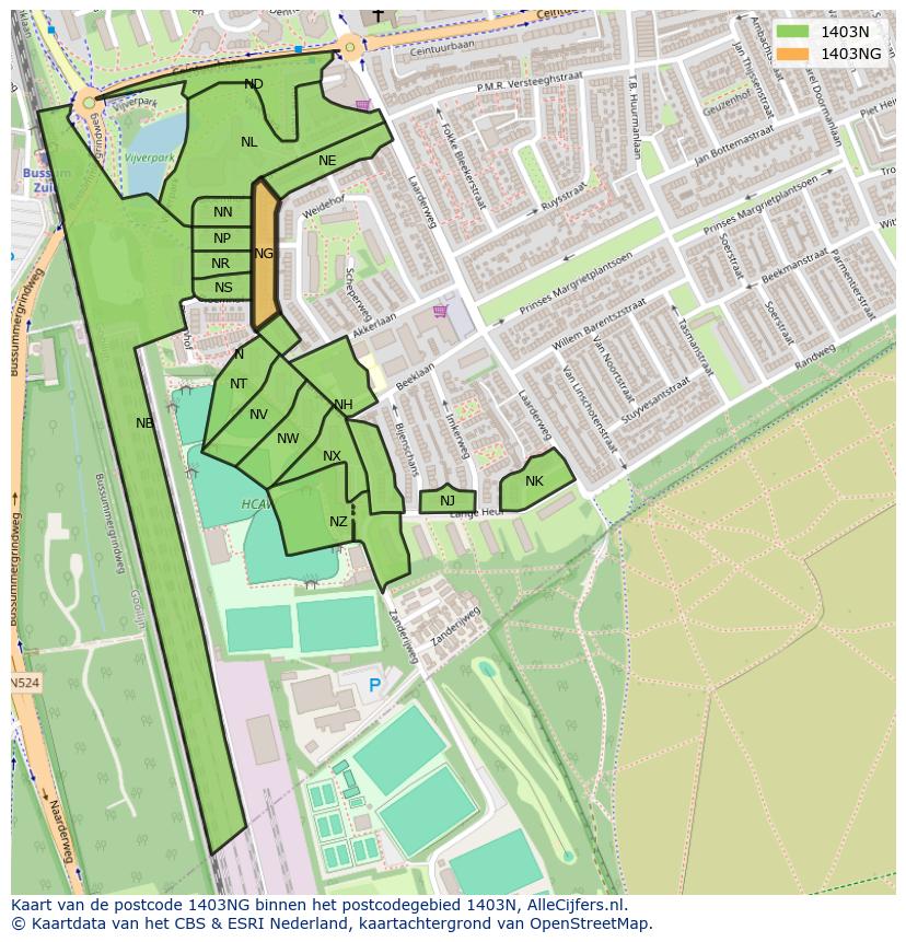 Afbeelding van het postcodegebied 1403 NG op de kaart.