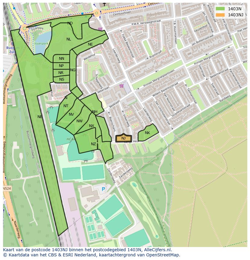 Afbeelding van het postcodegebied 1403 NJ op de kaart.