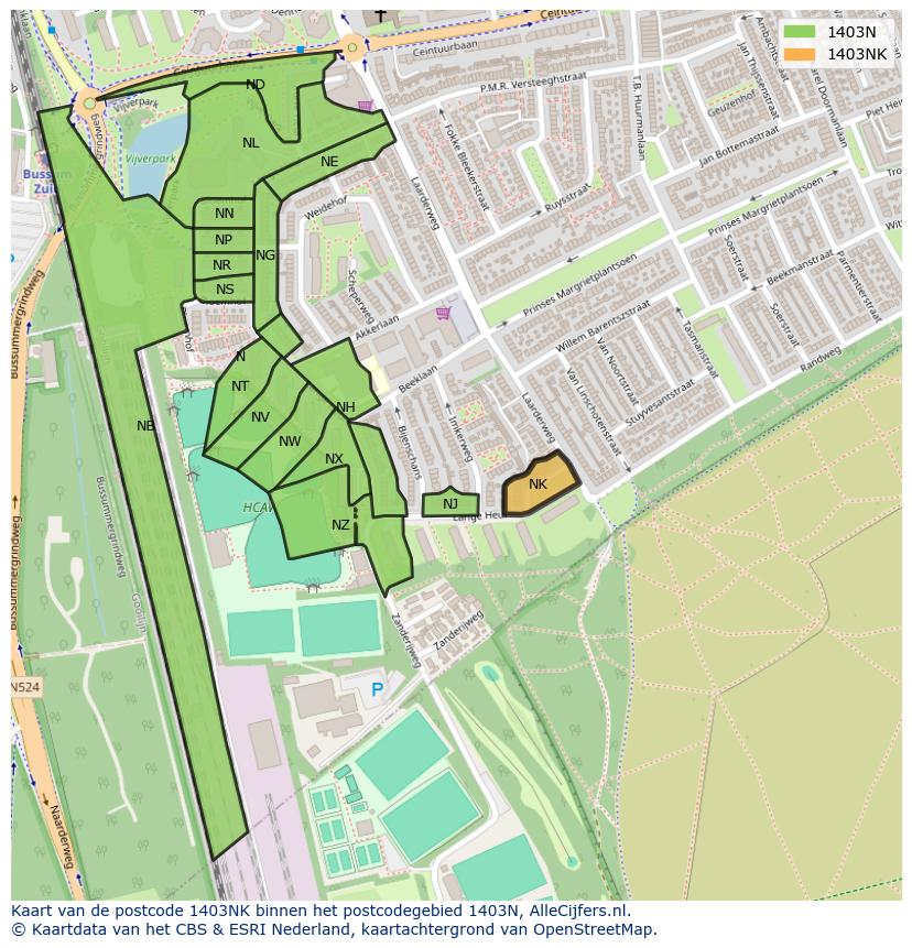 Afbeelding van het postcodegebied 1403 NK op de kaart.
