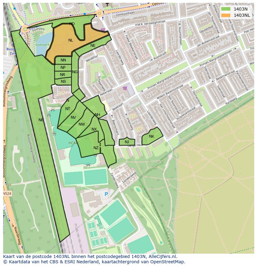 Afbeelding van het postcodegebied 1403 NL op de kaart.
