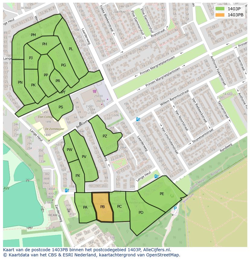 Afbeelding van het postcodegebied 1403 PB op de kaart.