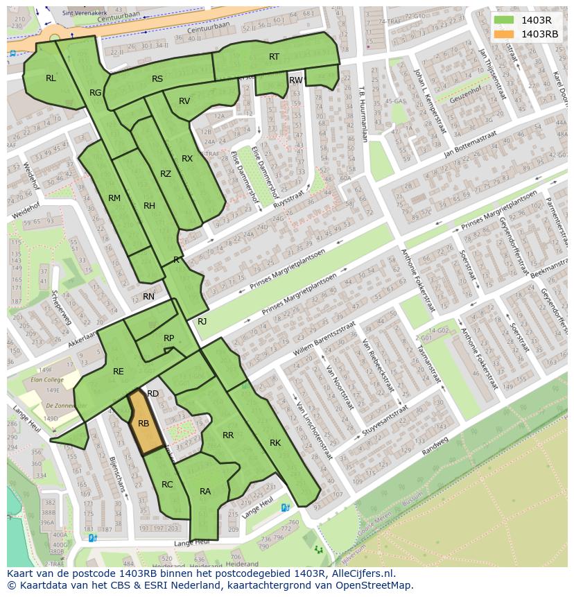Afbeelding van het postcodegebied 1403 RB op de kaart.