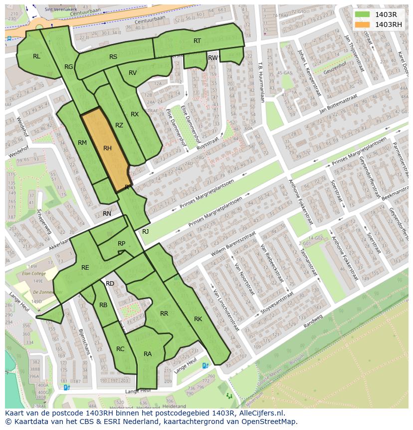 Afbeelding van het postcodegebied 1403 RH op de kaart.