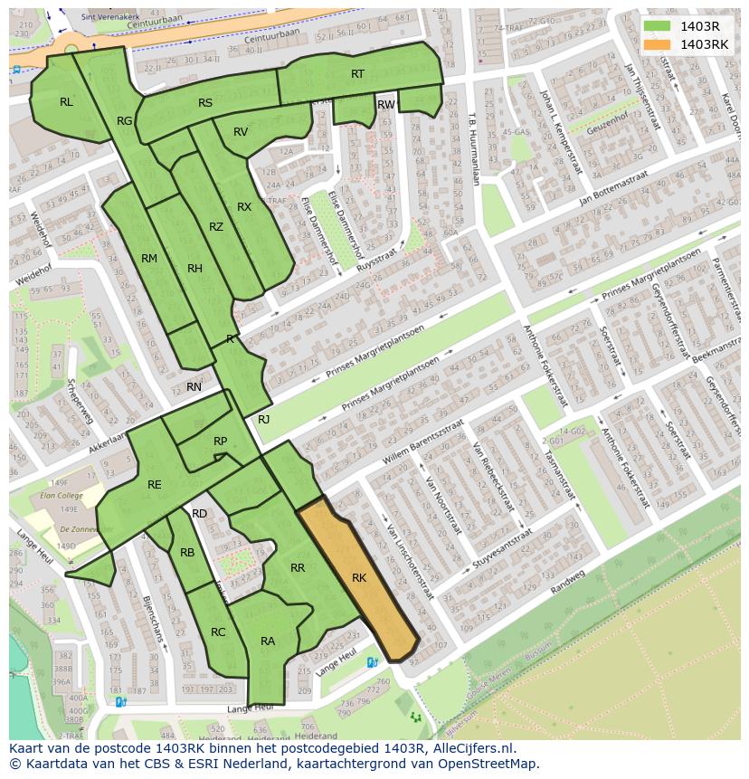 Afbeelding van het postcodegebied 1403 RK op de kaart.
