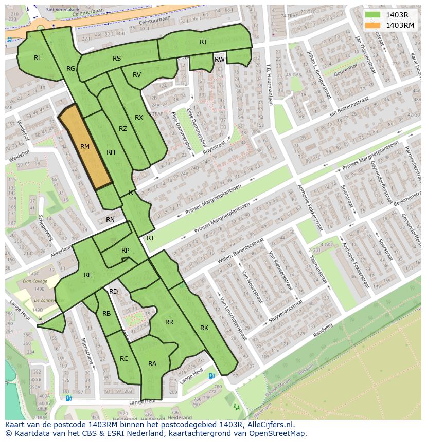 Afbeelding van het postcodegebied 1403 RM op de kaart.
