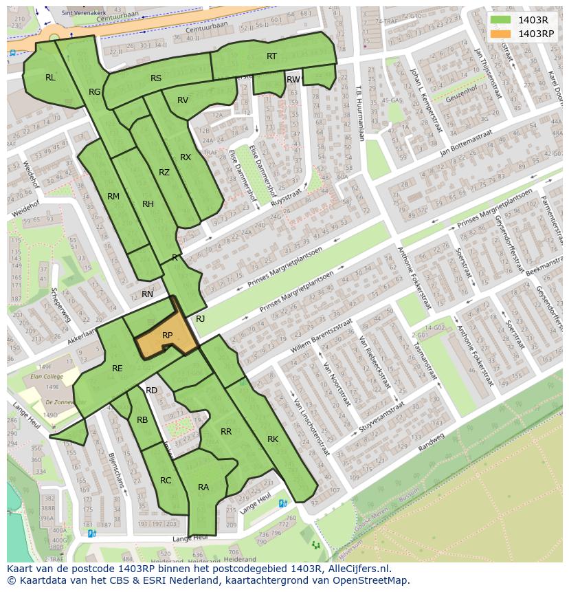 Afbeelding van het postcodegebied 1403 RP op de kaart.