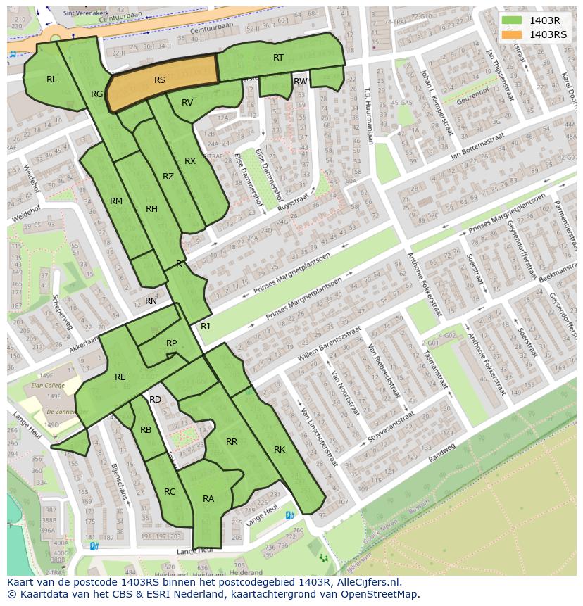 Afbeelding van het postcodegebied 1403 RS op de kaart.