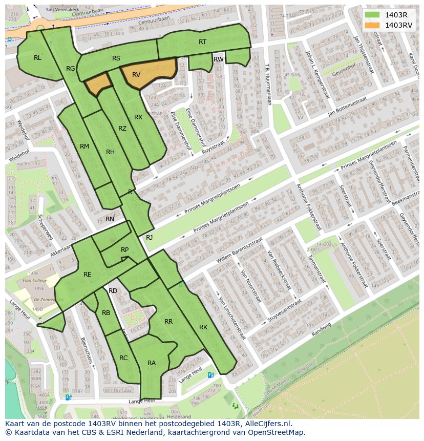 Afbeelding van het postcodegebied 1403 RV op de kaart.