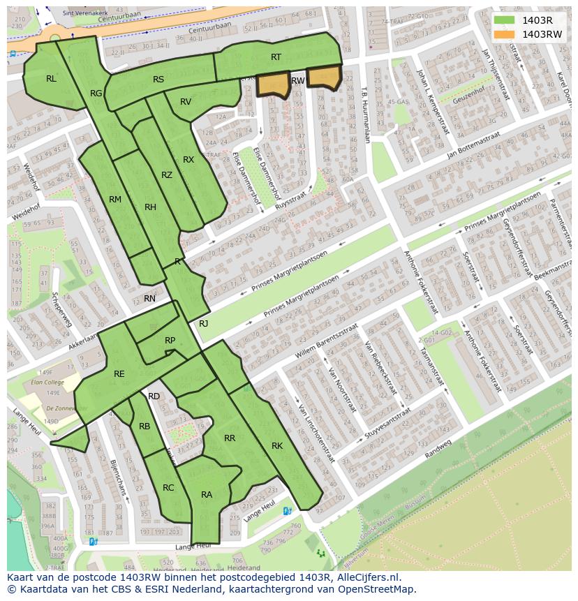 Afbeelding van het postcodegebied 1403 RW op de kaart.