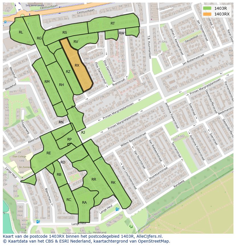 Afbeelding van het postcodegebied 1403 RX op de kaart.