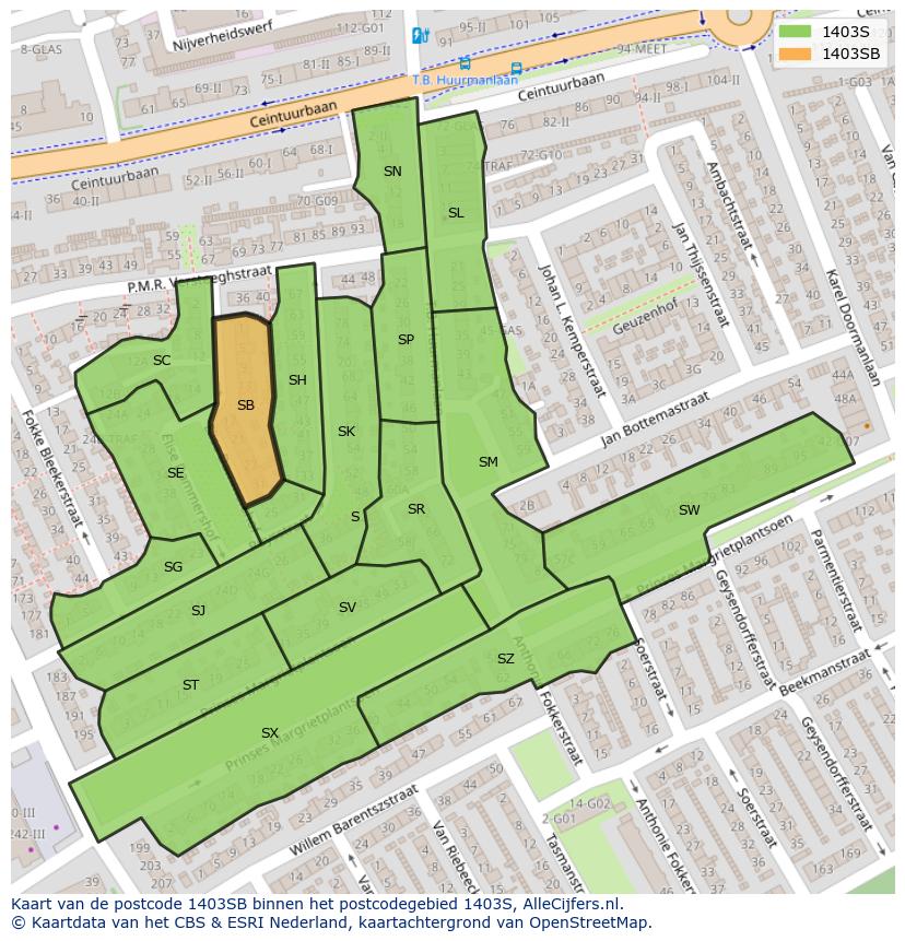 Afbeelding van het postcodegebied 1403 SB op de kaart.