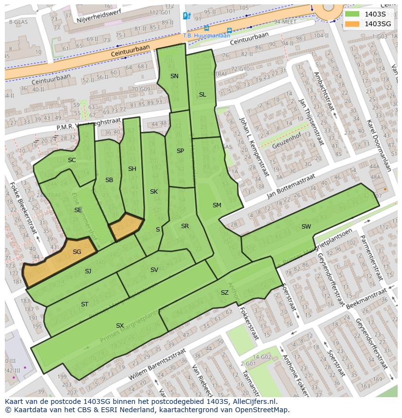 Afbeelding van het postcodegebied 1403 SG op de kaart.
