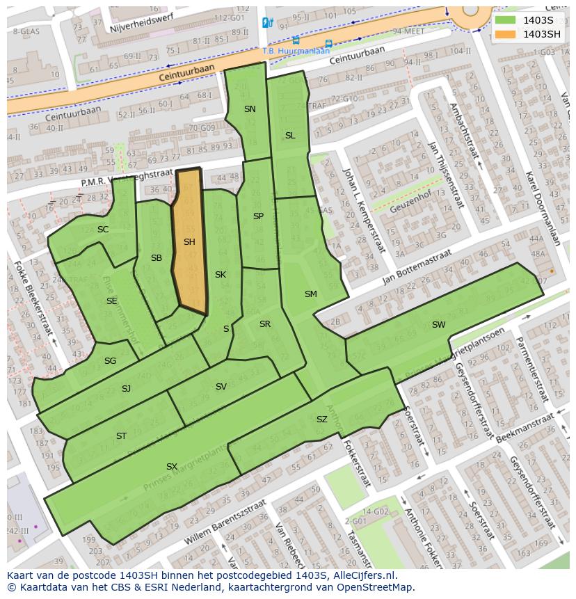 Afbeelding van het postcodegebied 1403 SH op de kaart.