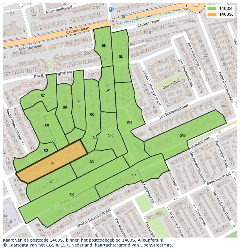 Afbeelding van het postcodegebied 1403 SJ op de kaart.