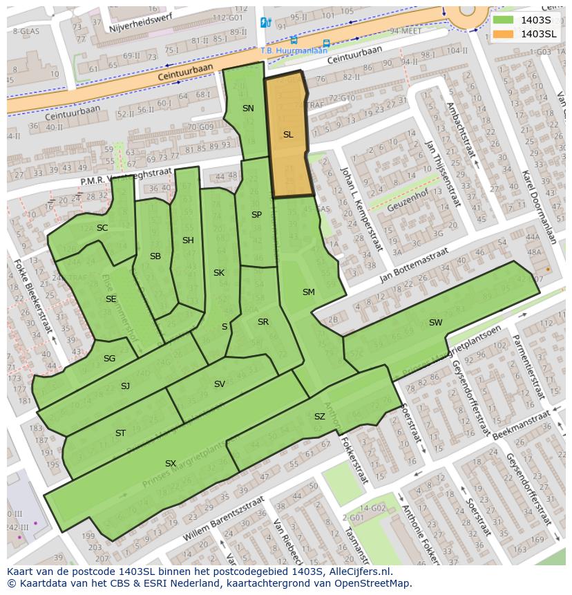 Afbeelding van het postcodegebied 1403 SL op de kaart.