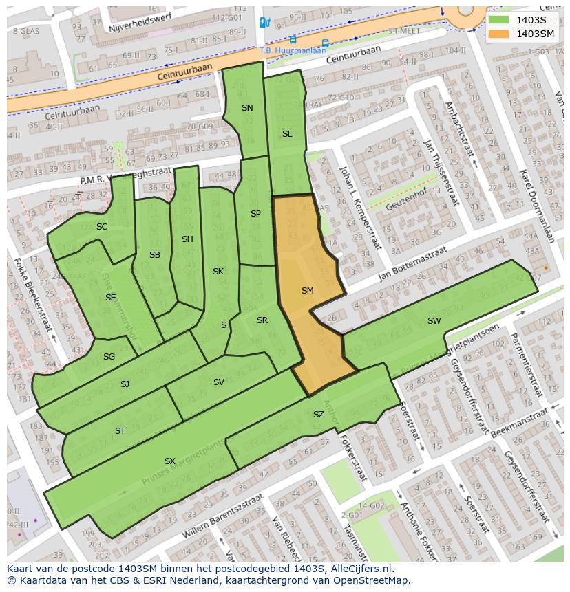 Afbeelding van het postcodegebied 1403 SM op de kaart.