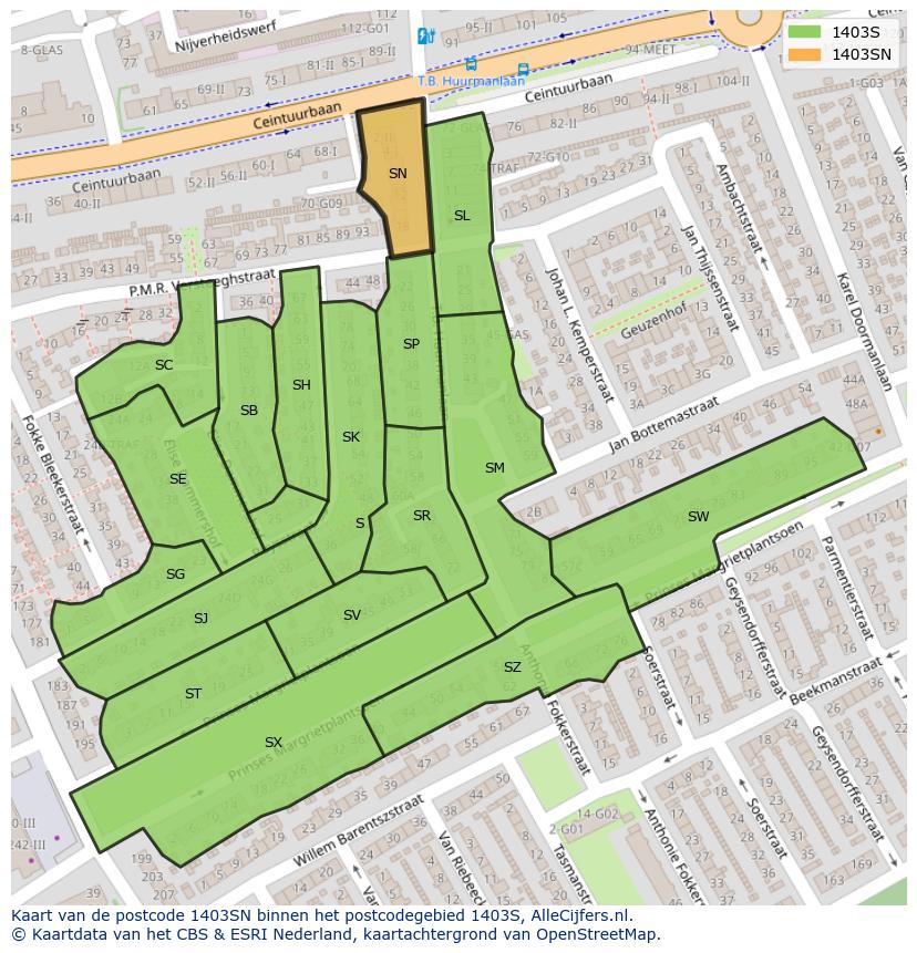 Afbeelding van het postcodegebied 1403 SN op de kaart.
