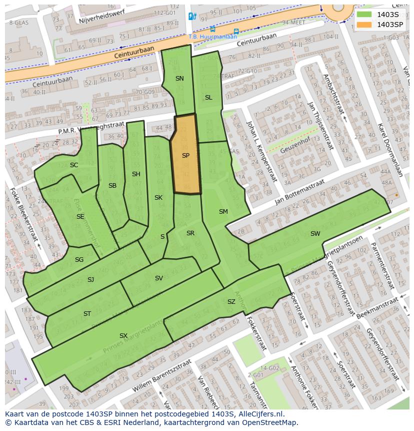 Afbeelding van het postcodegebied 1403 SP op de kaart.