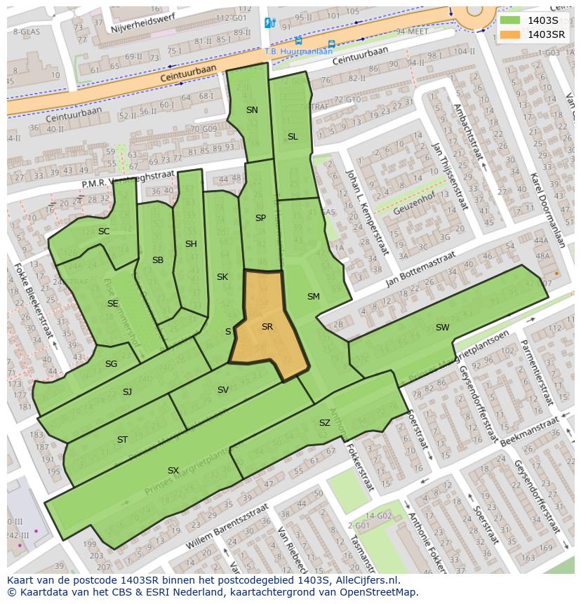 Afbeelding van het postcodegebied 1403 SR op de kaart.