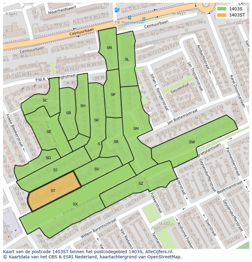 Afbeelding van het postcodegebied 1403 ST op de kaart.