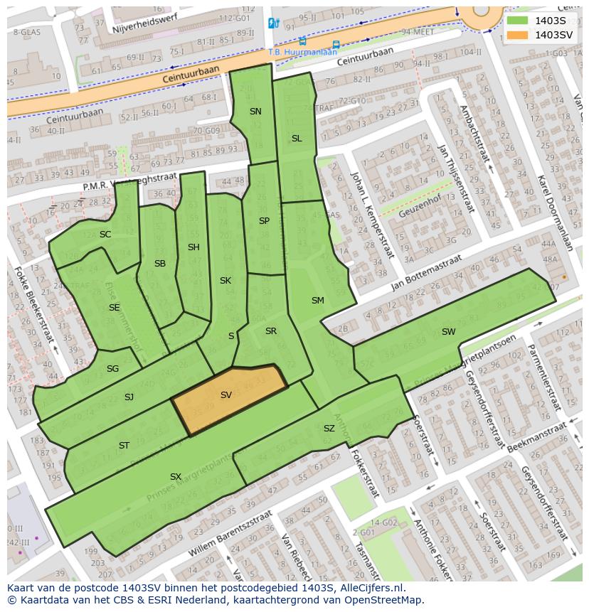 Afbeelding van het postcodegebied 1403 SV op de kaart.