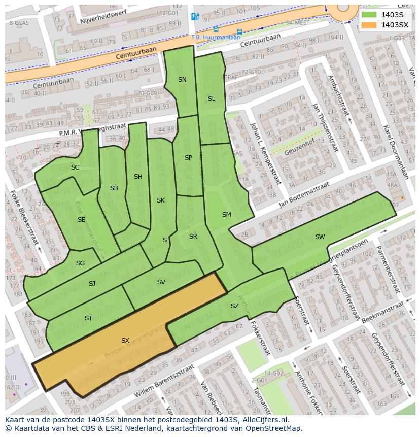 Afbeelding van het postcodegebied 1403 SX op de kaart.
