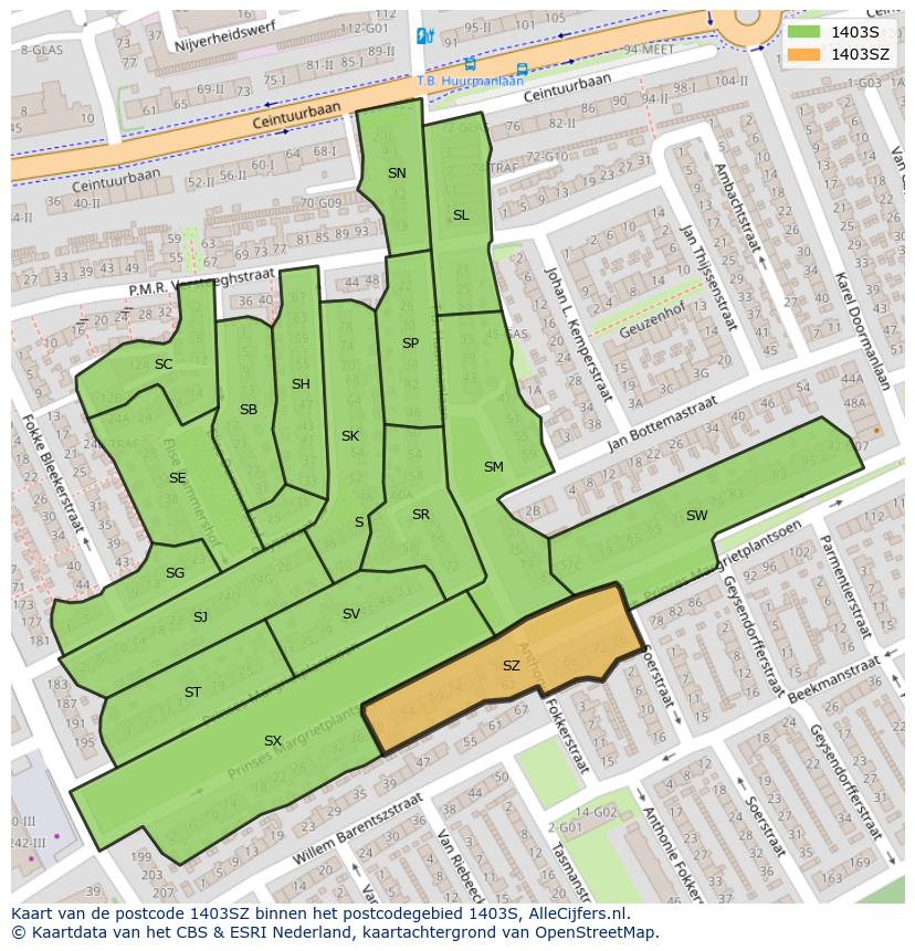 Afbeelding van het postcodegebied 1403 SZ op de kaart.