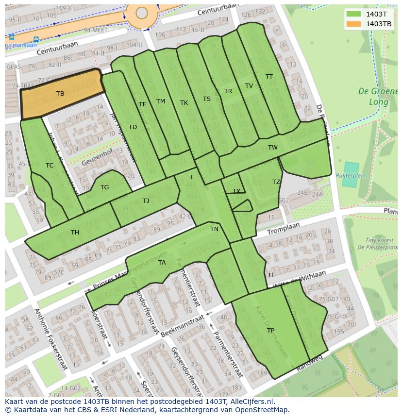 Afbeelding van het postcodegebied 1403 TB op de kaart.